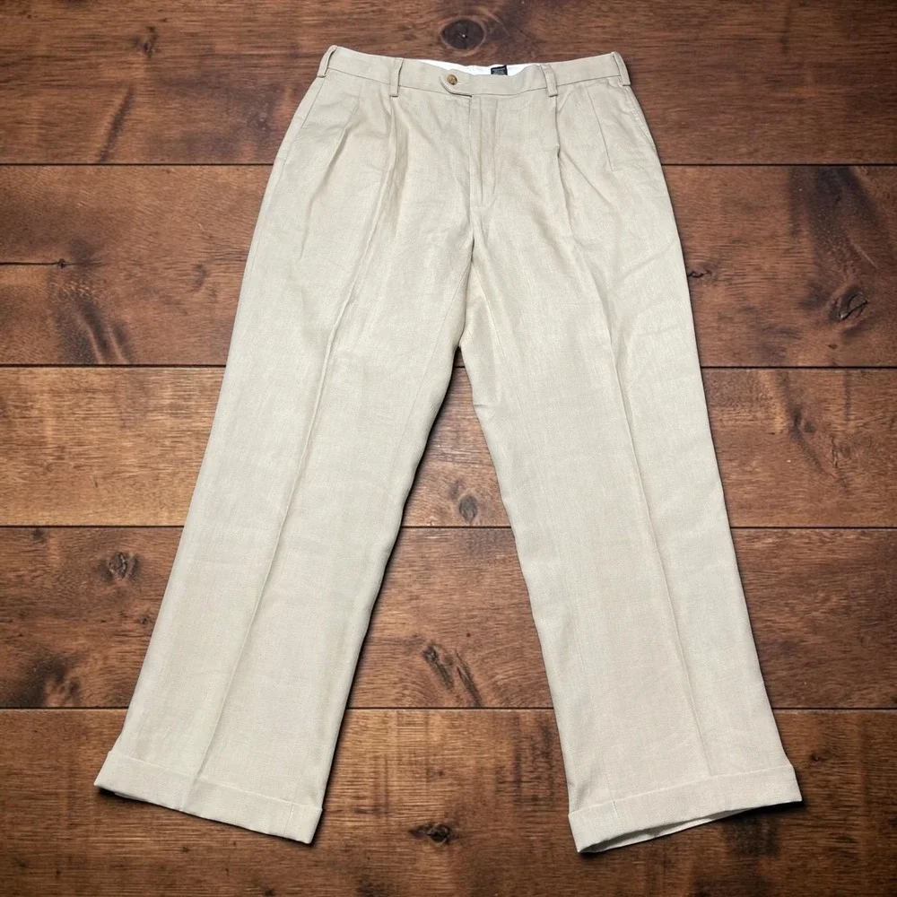 Jos A Bank Mens Tan Beige Pleated Linen Trousers Cuffed Dress Casual Pants 34x30